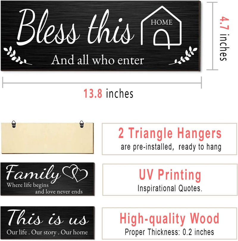 Joyhawk 4 Pieces Home Wall Decor Signs, THIS IS US/TOGETHER/BLESS THIS HOME/FAMILY Wall Decor For Living Room Bedroom, Rustic Wooden Farmhouse Wall Art Decor, 4.7 x 13.8 Inch(Black) - Image 2